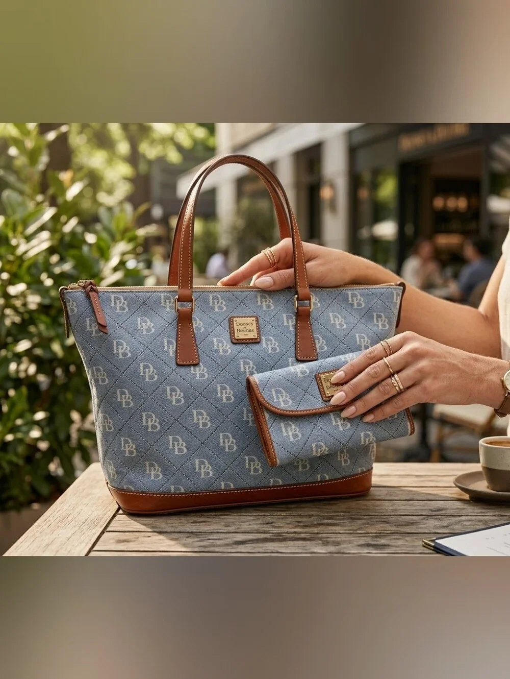 Dooney & Bourke Light Blue Quilted Tote with Brown Trim And Wallet.